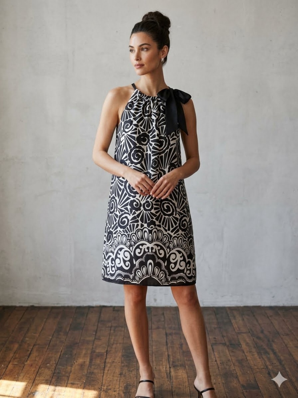 White House Black Market Black & White Floral-Pattern Women’s  Dress with Bow